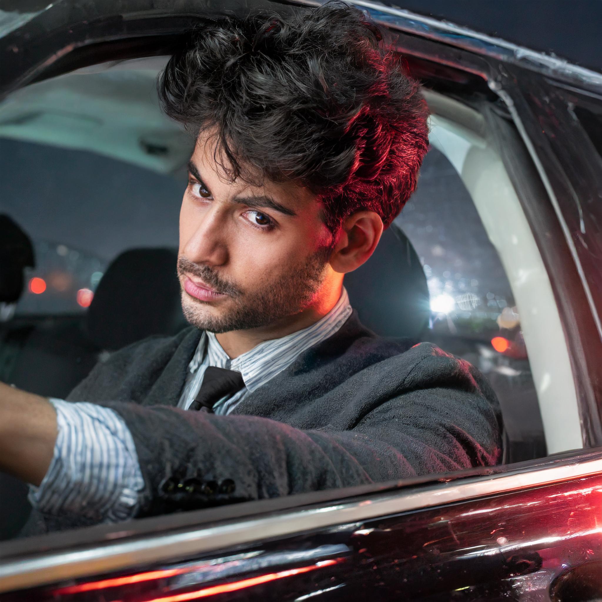 A young man behind the wheel in a business suit with disheveled hair after being pulled over - police lights reflecting off his car