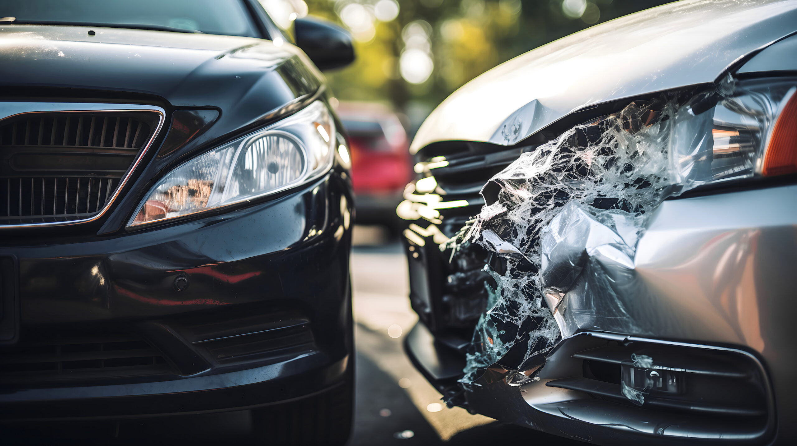 physics of a car collision expressed in an up-close image of a silver car with a crumpled front after having t-boned a black car