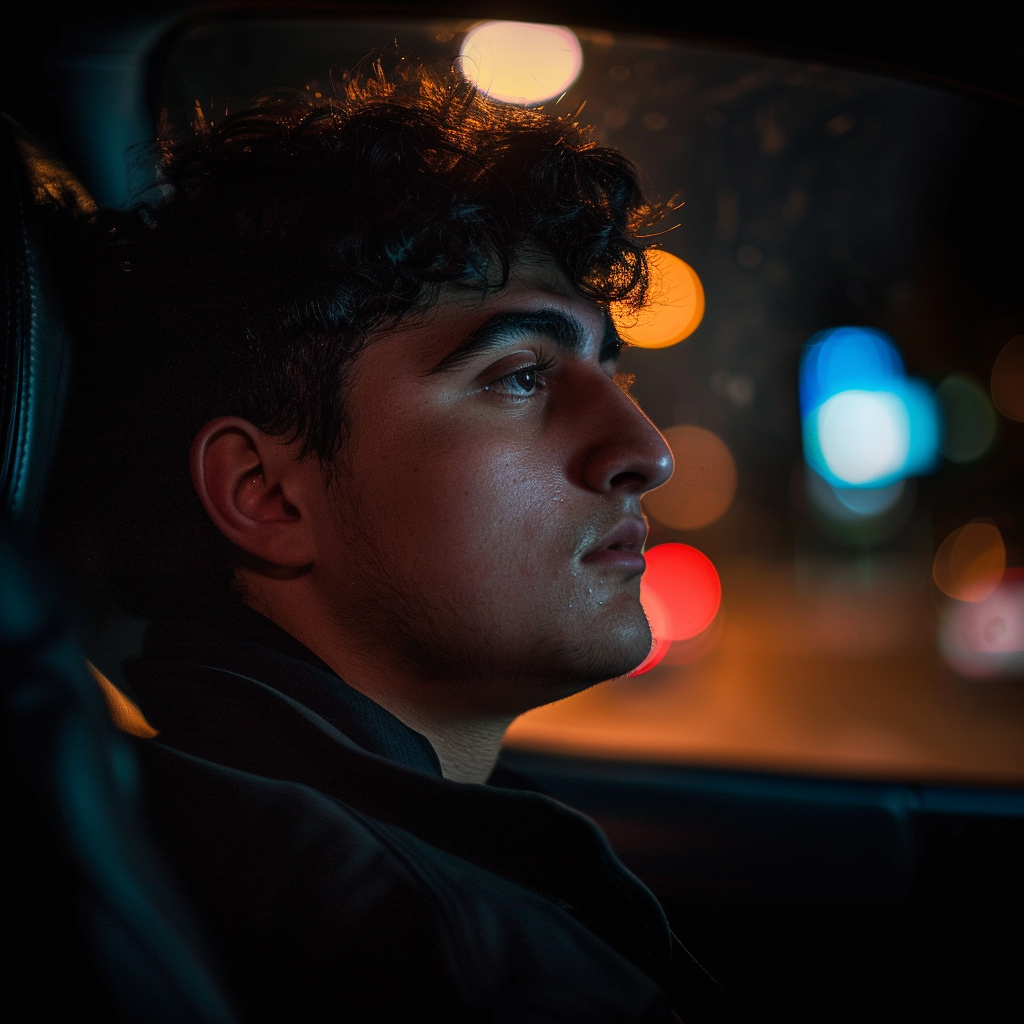 a young man, dark hair, driving at night, tired look on his face