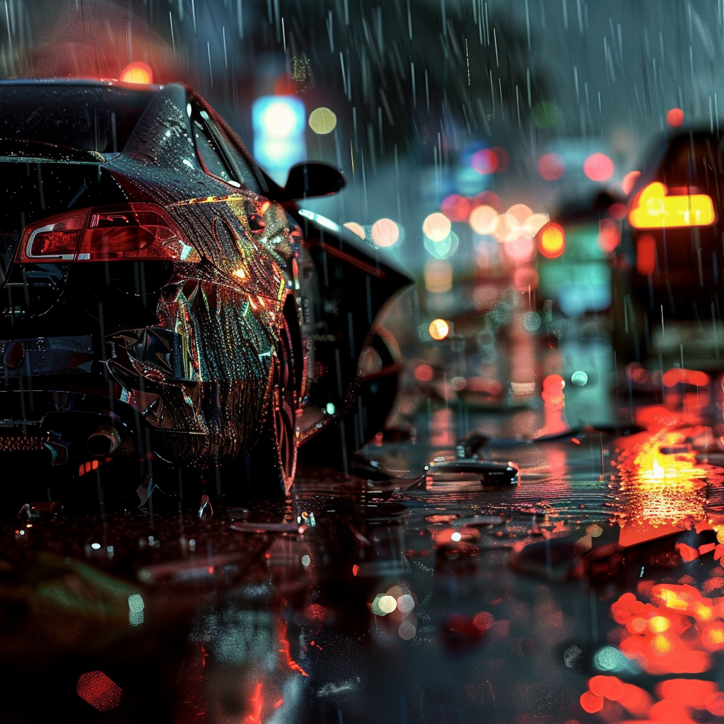 Night, pouring rain, wet road, aftermath of a car accident, debris on the road by the car