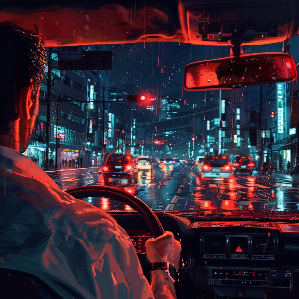 Animated depiction of a man driving on a busy road at night.