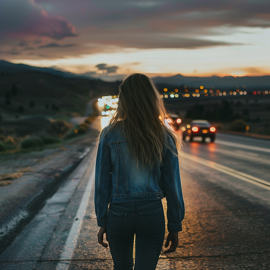 A woman walking on the left side of a road in the evening, against traffic. This allows her to see the vehicles, and for them to see her.
