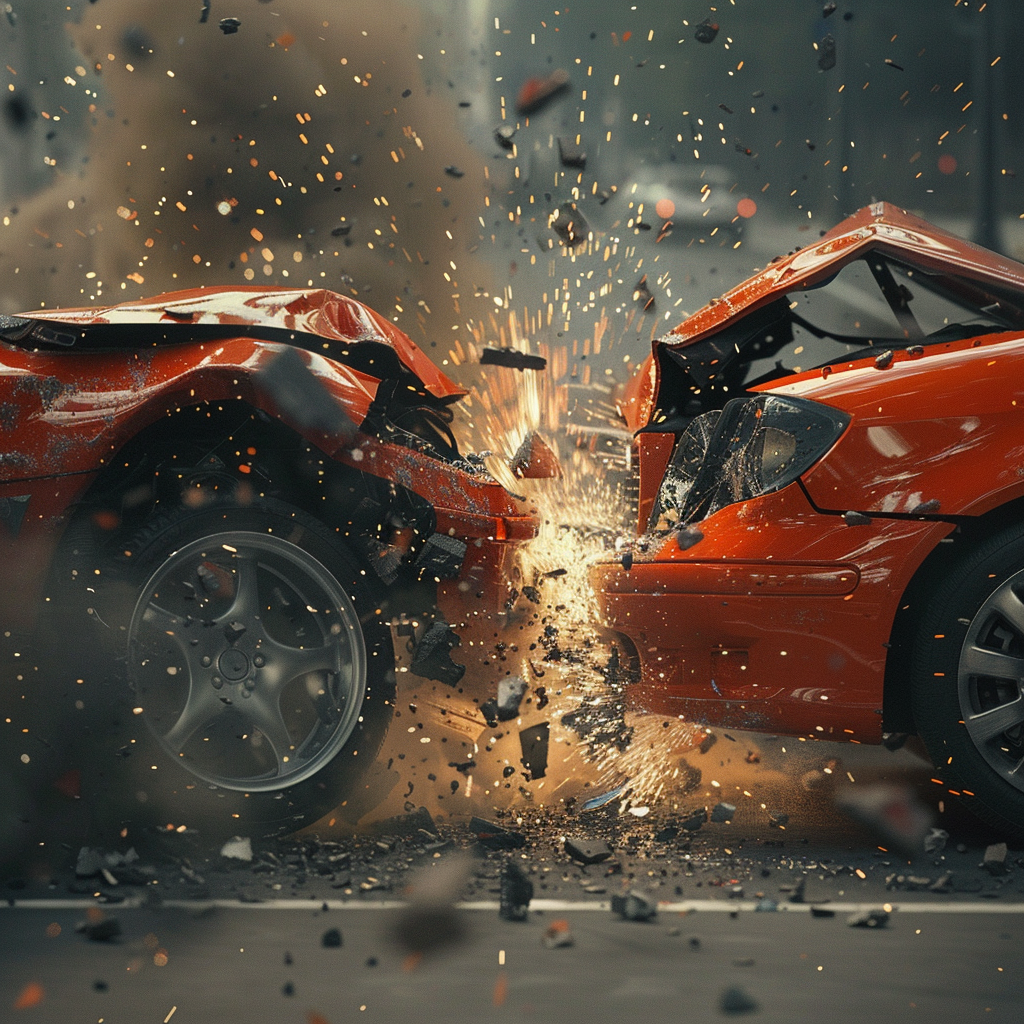 An illustration of two red cars colliding head-on. This depicts the moment of impact.