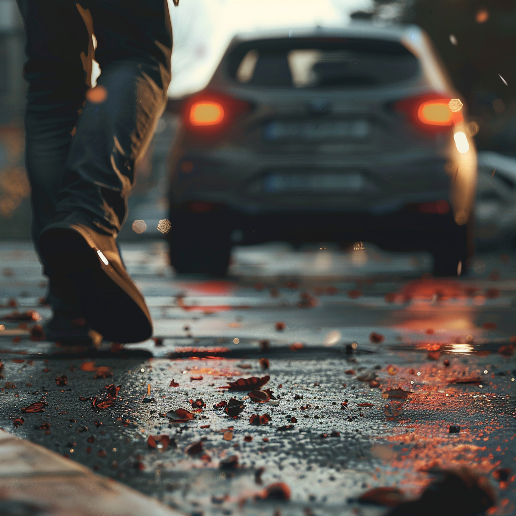 Someone walking towards a car with debris on the road. This depicts the aftereffect of a hit-and-run accidents