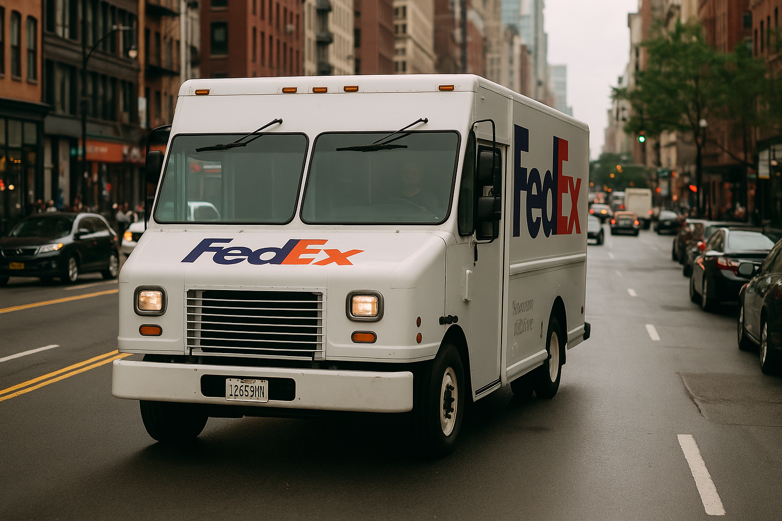A FedEx truck driving on a city street, slightly veering. Depicts a commercial delivery vehicle with the potential to cause an accident.