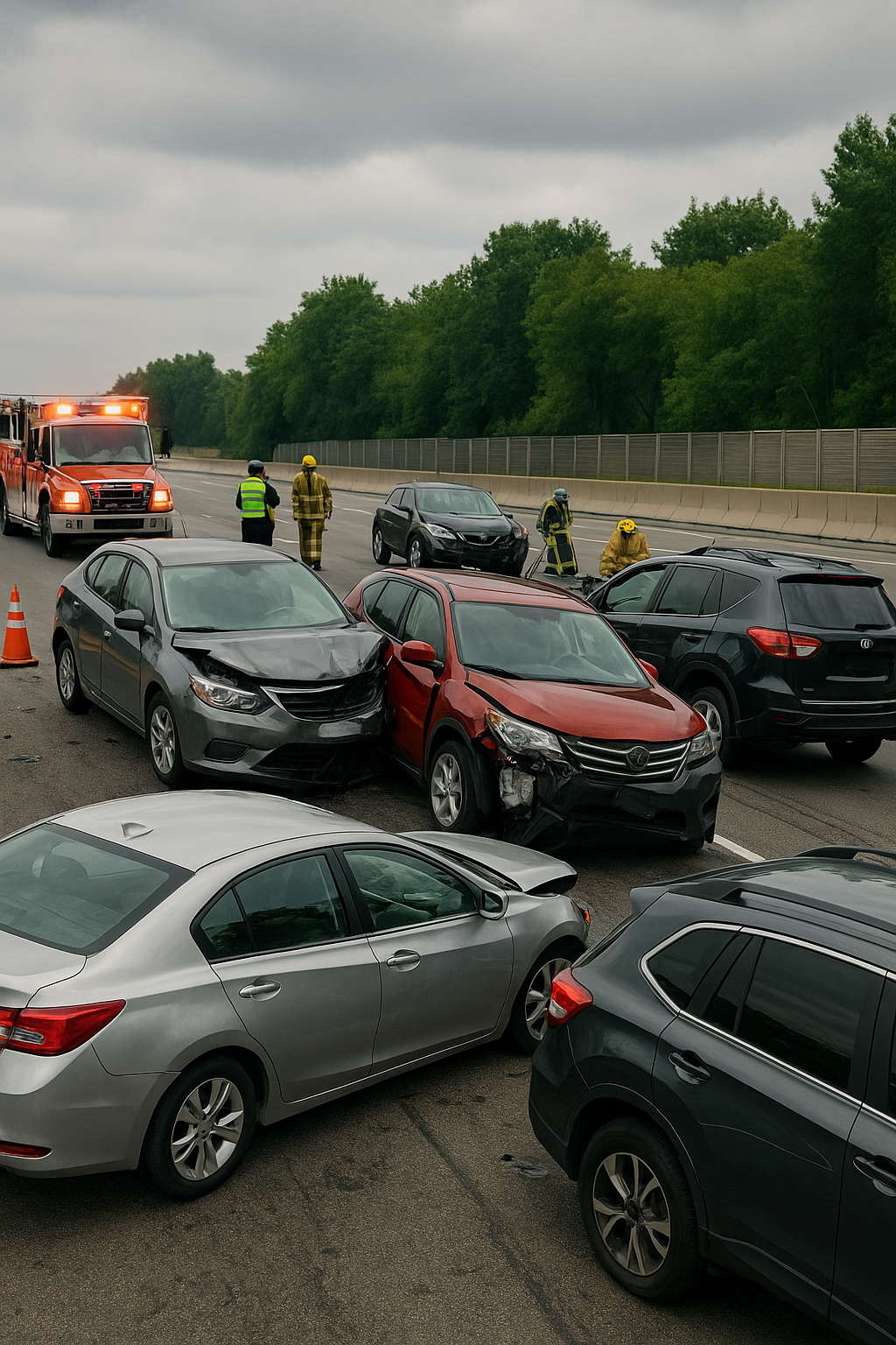 A chaotic highway scene showing a multi-car pileup involving several vehicles. Some cars are rear-ended, others are turned sideways or pushed into barriers. Emergency responders are on site.