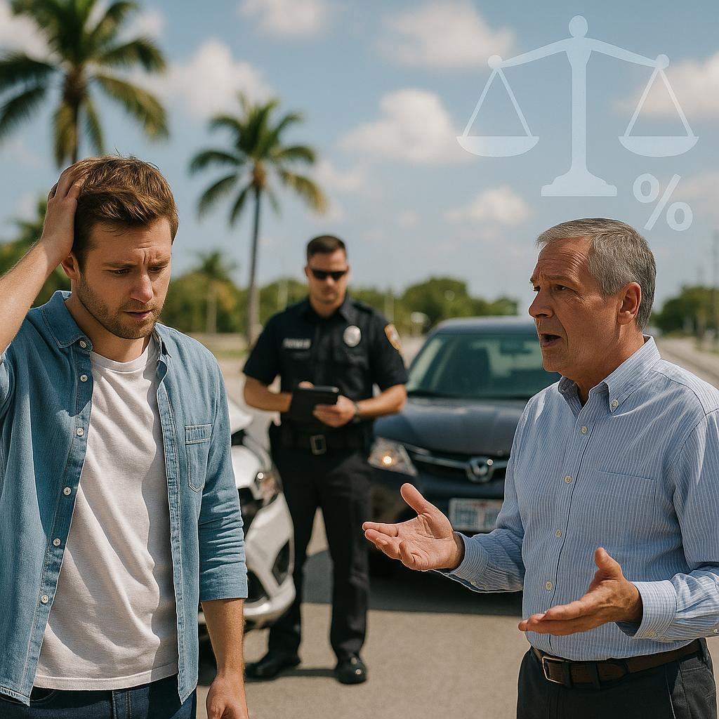 Two drivers on a road following a car accident. One is explaining his side, the other looks confused, as a police officer stands in the background. In the top right corner there is the symbol of a scale and a percentage sign, depicting Florida's modified comparative negligence law.