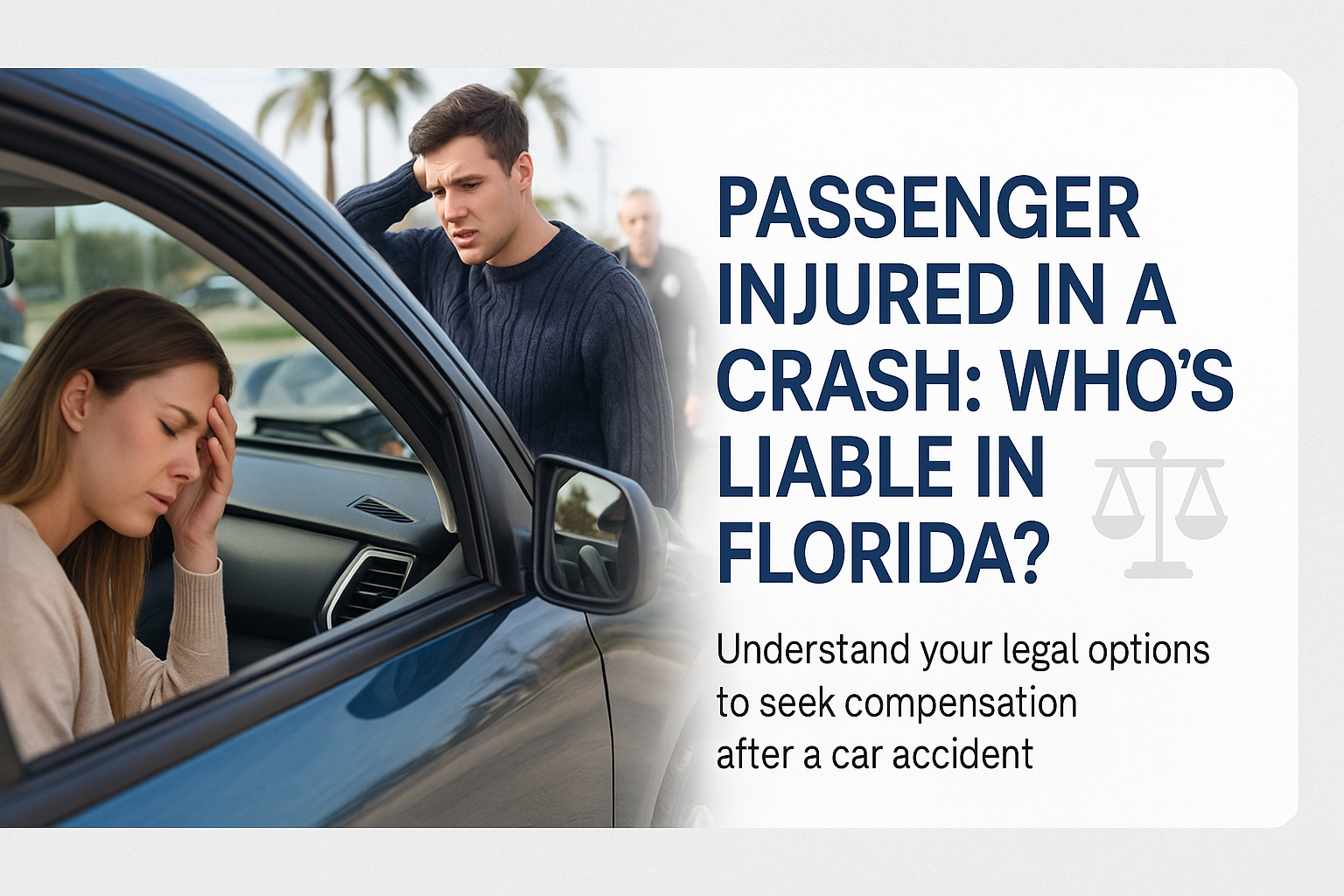 Injured woman sitting in the passenger seat of a car after a crash in Florida, with a concerned man standing outside the vehicle and a police officer nearby, capturing the emotional and legal uncertainty following an accident with an injured passenger.