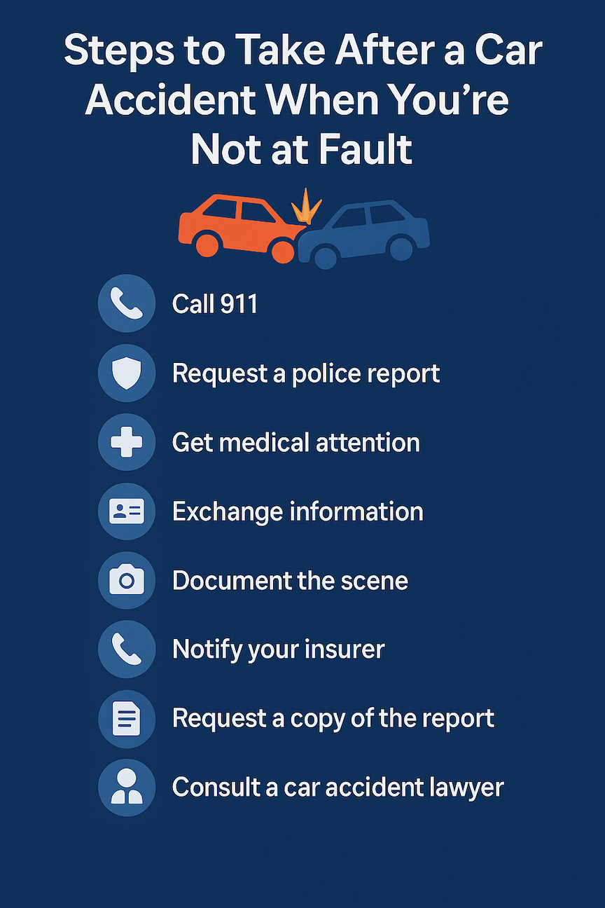 Informational graphic titled “Steps to Take After a Crash” illustrates what to do after a car accident when you're not at fault in Florida, featuring icons and a side-impact crash scene to support eight key legal and medical steps.