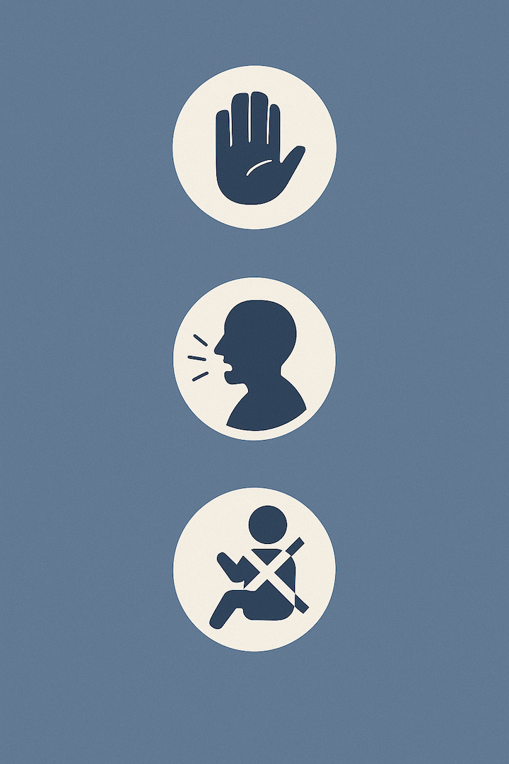Flat style digital illustration on a blue gray background depicting situations related to the question can a passenger be at fault in a car accident in Florida, using icons that represent interference, distraction, and seatbelt omission.