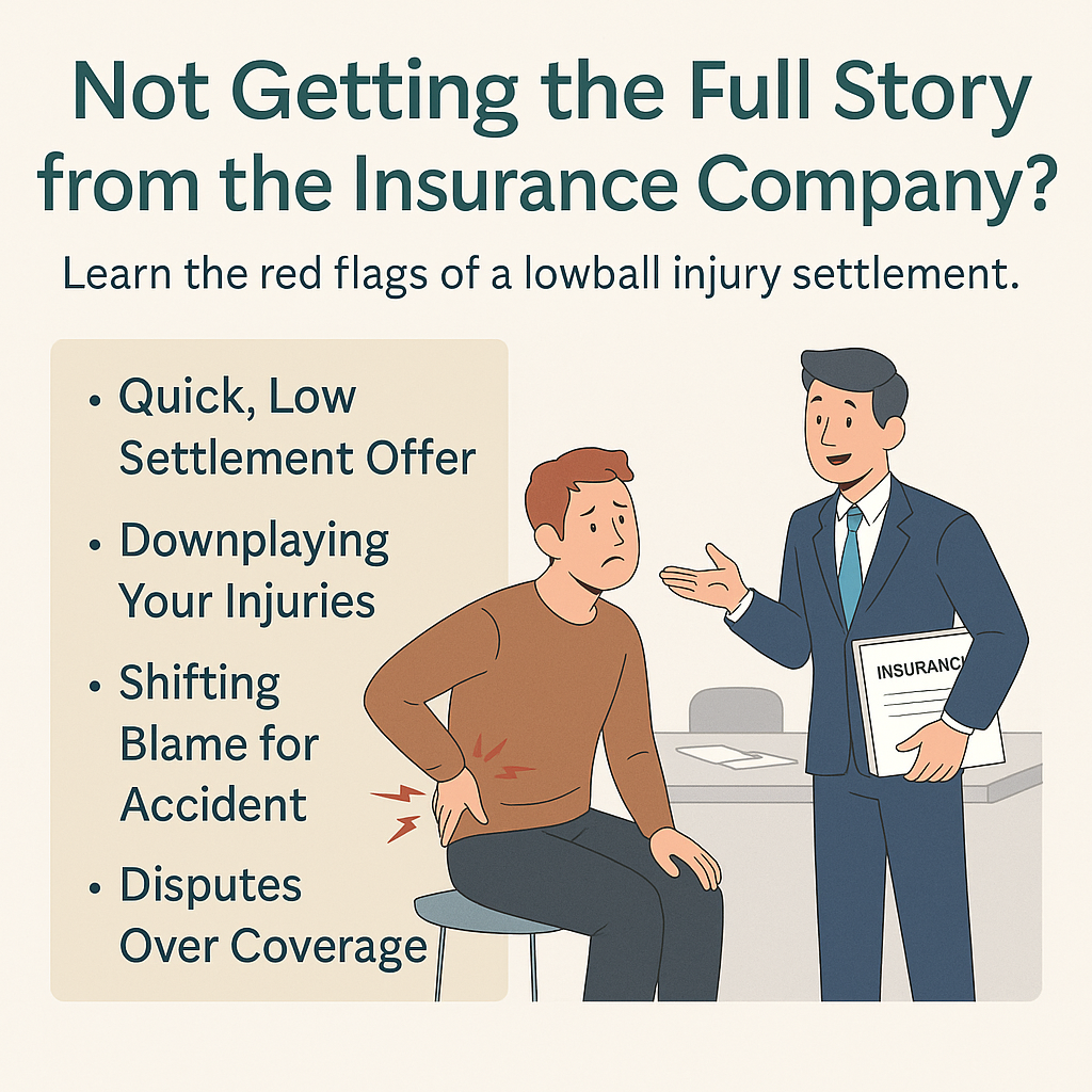 A digital informational illustration features the headline “Not Getting the Full Story from the Insurance Company?” at the top. To the left, four warning signs are listed in a beige box: “Quick, Low Settlement Offer,” “Downplaying Your Injuries,” “Shifting Blame for Accident,” and “Disputes Over Coverage.” To the right, an injured man sits with back pain near a desk while an insurance adjuster gestures. The layout visually represents subtle tactics insurers use to undervalue your injury claim.