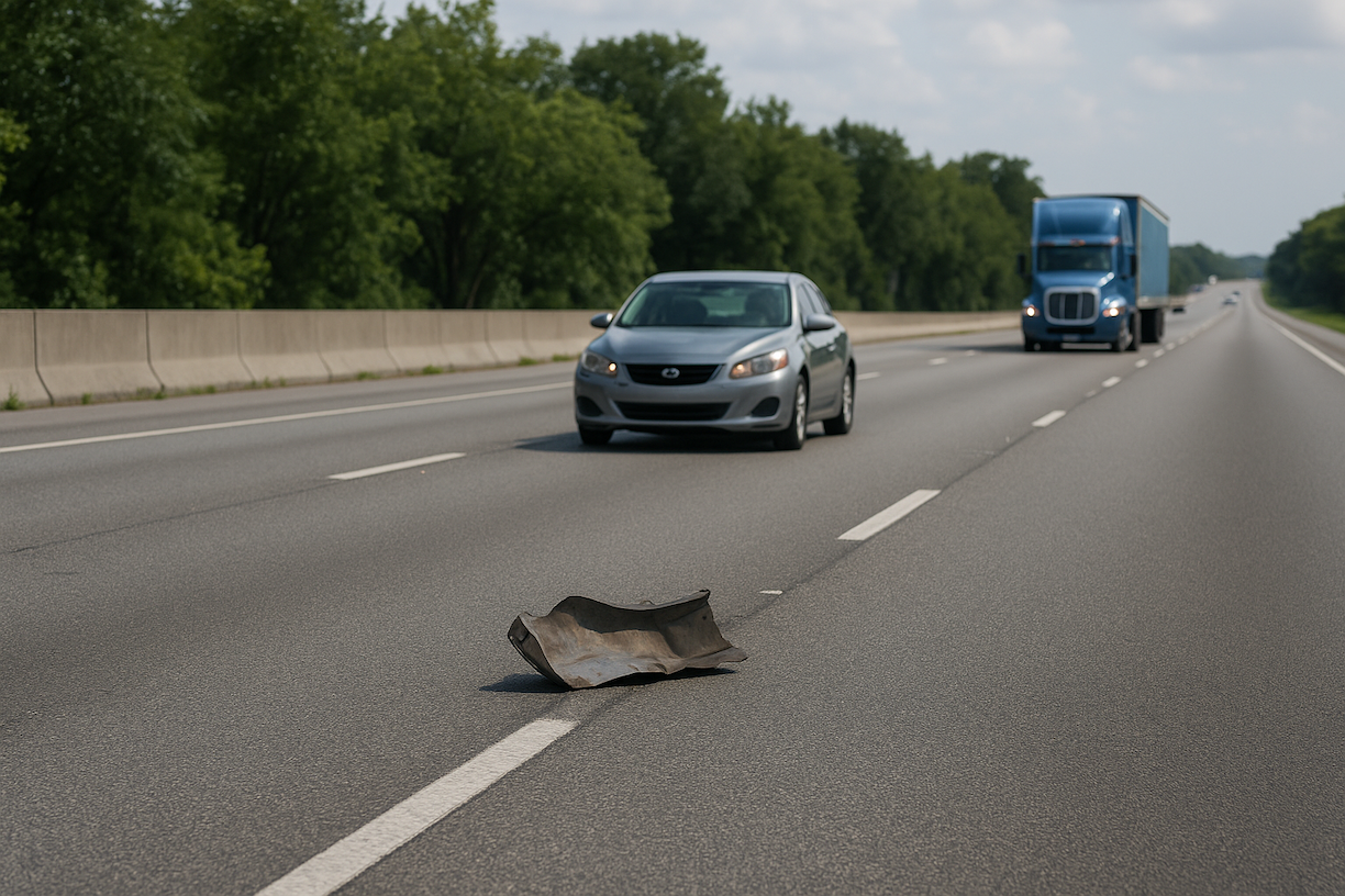 A highway scene during daylight with scattered vehicle parts on the road, highlighting the risks of road debris for Florida drivers.