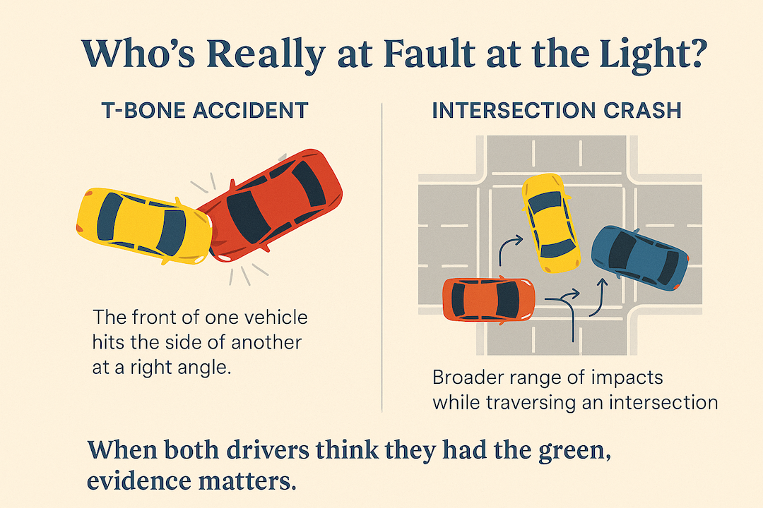 An informational digital illustration compares T-bone vs. intersection crash liability. On the left, a red car hits the side of a yellow car in a T-bone accident. On the right, multiple vehicles converge in a four-way intersection. The graphic emphasizes how determining fault depends on traffic signals, speed, and right-of-way rules in Florida.