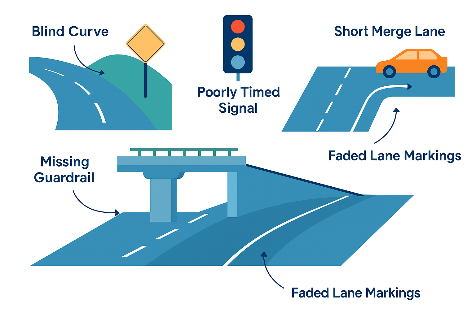 Common dangerous road design features that cause liability in Florida" Usage: Mid-content educational break