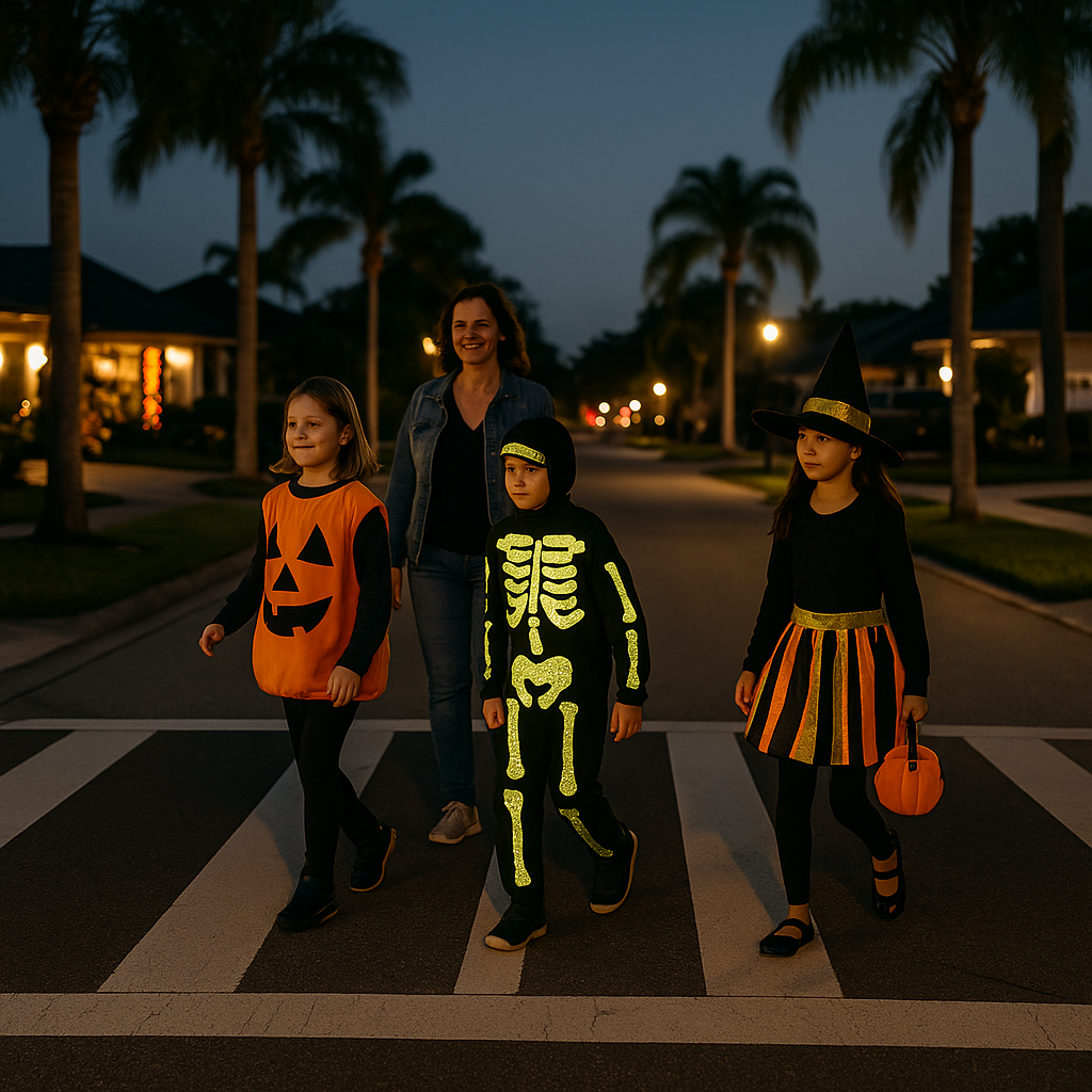 Halloween Car Accident Liability: Who Pays When a Trick-or-Treater Causes a Crash? 2 Safe Halloween trick-or-treating with adult supervision at Florida crosswalk