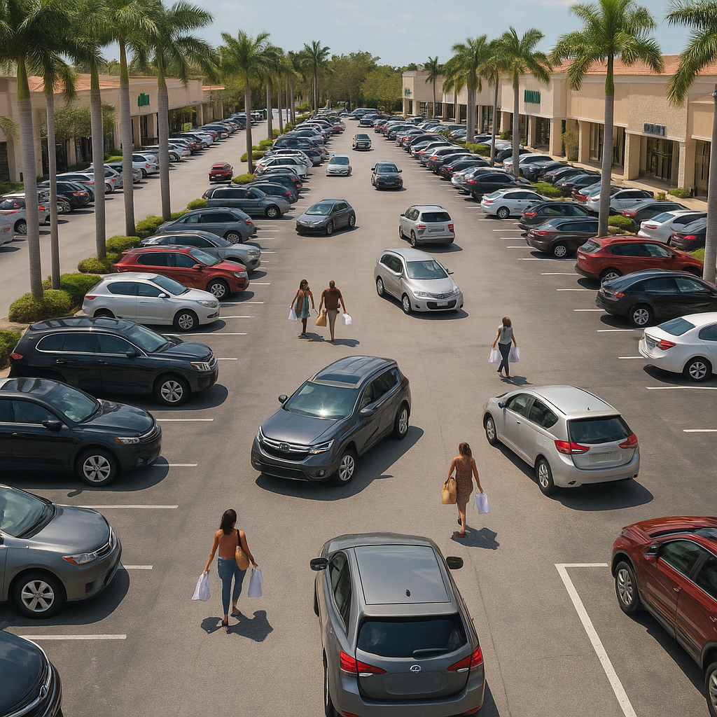 Florida shopping center parking lot showing car accident liability risks during busy shopping season