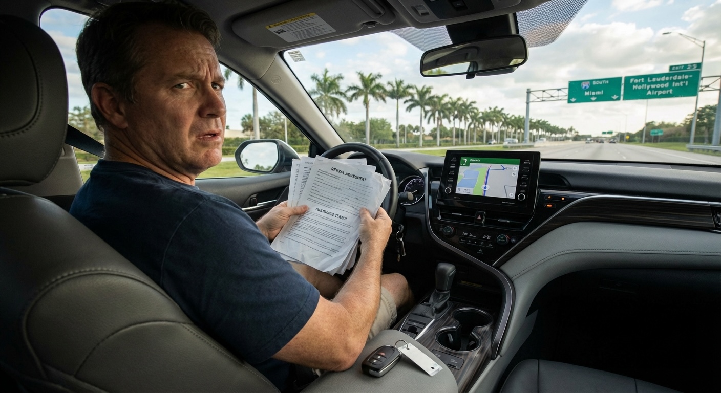 Rental car driver reviewing insurance coverage documents in Florida highlighting liability concerns with potential rental car accidents