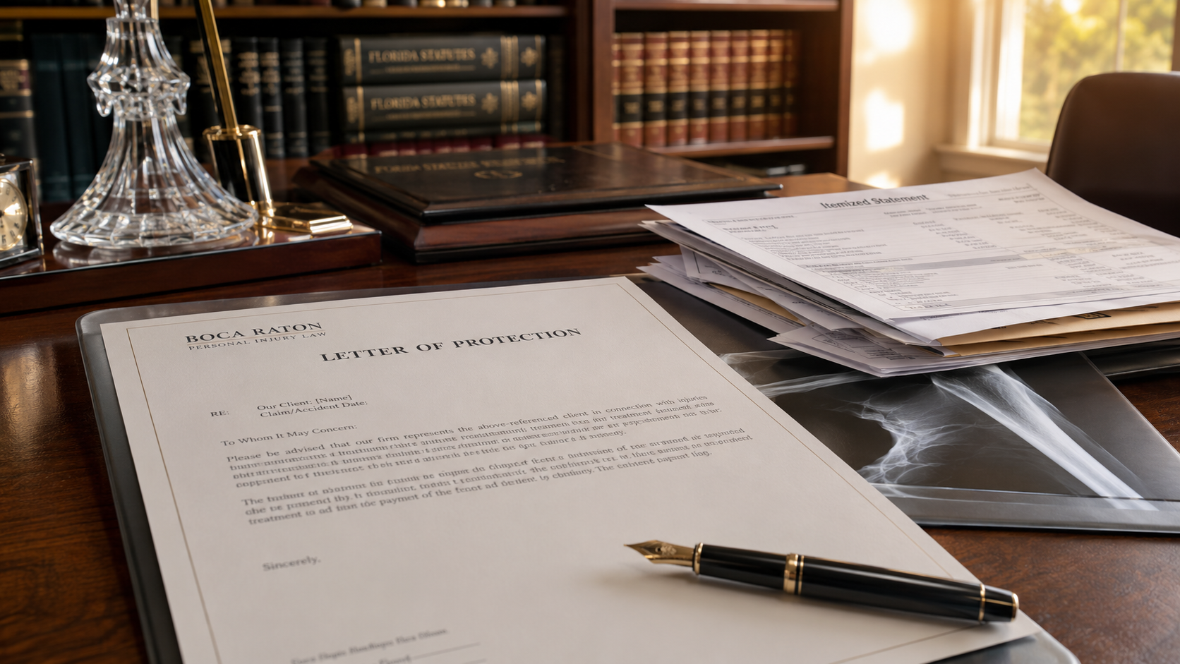 Boca Raton personal injury law office desk with Letter of Protection on letterhead, fountain pen, and medical bills