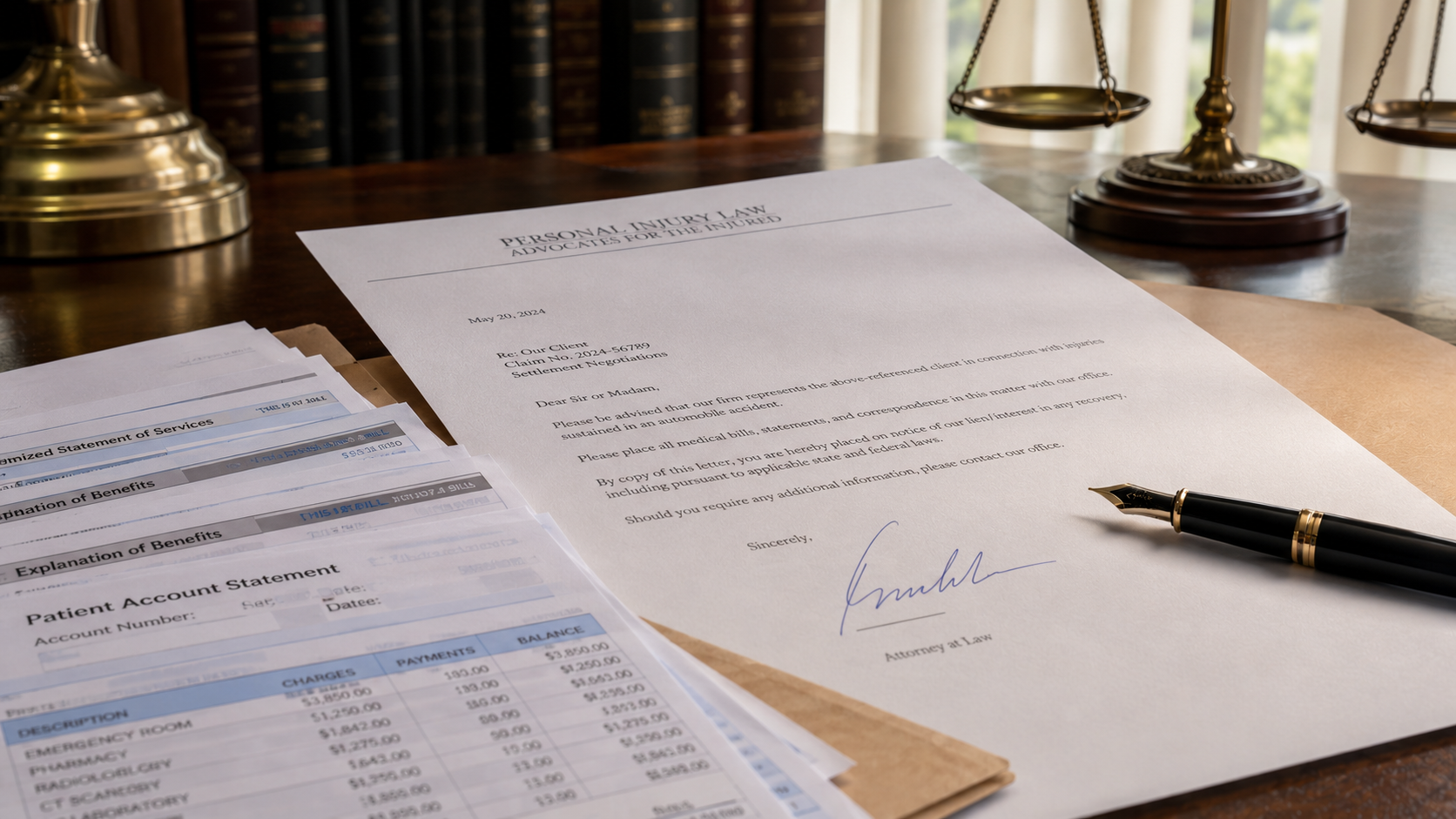 Macro view of a signed Letter of Protection on legal letterhead resting atop medical bills