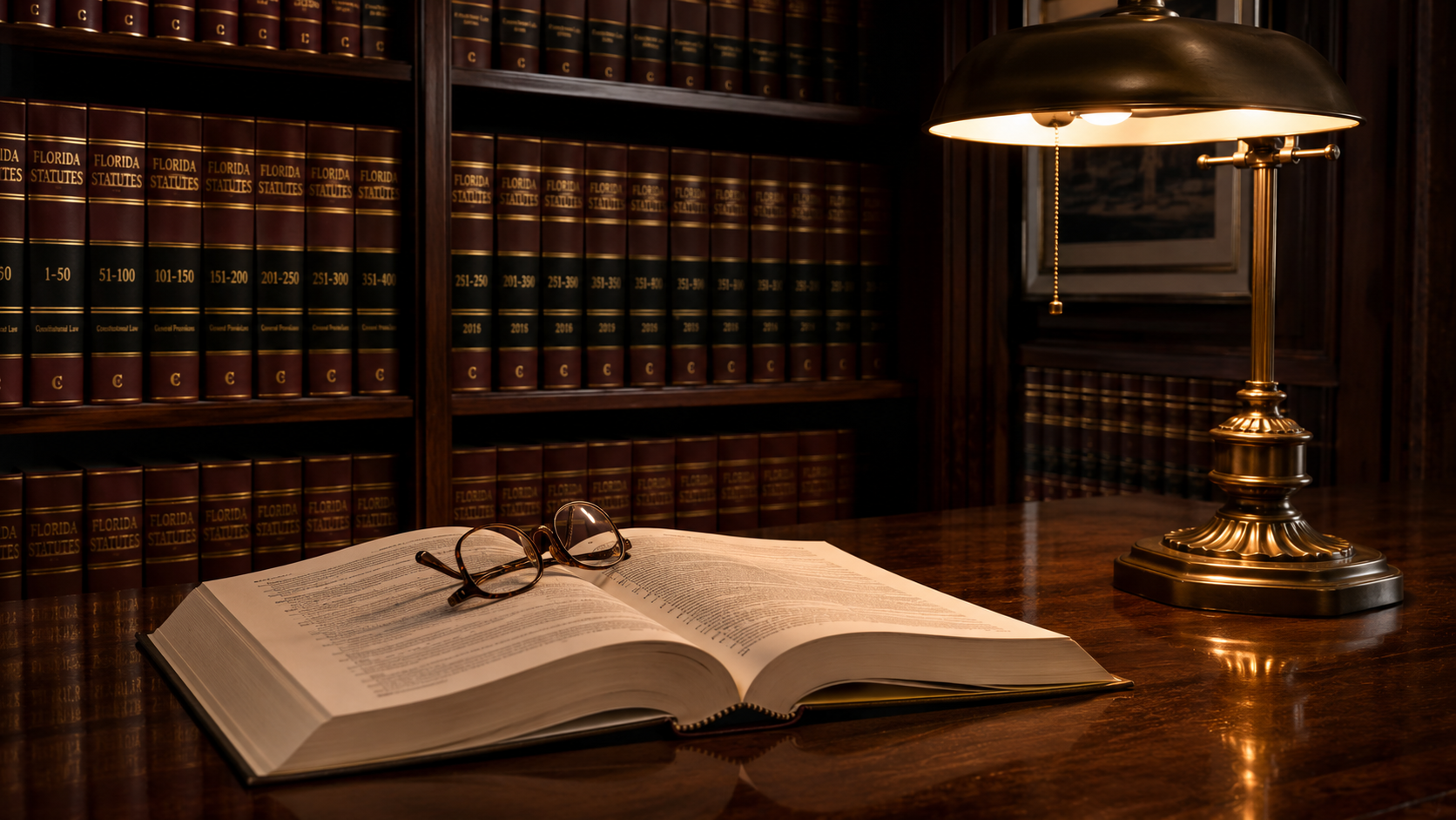 Florida law library with leather-bound statute volumes on dark wood shelving and an open book on a desk