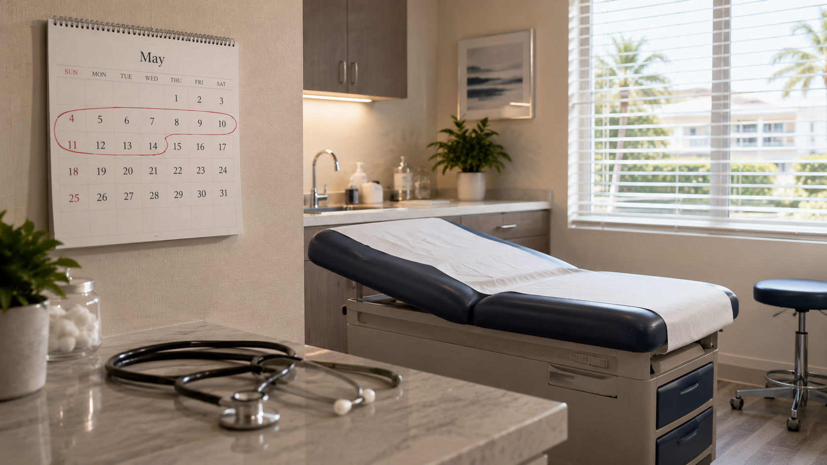 South Florida medical exam room with wall calendar marking the first 14 days of the month