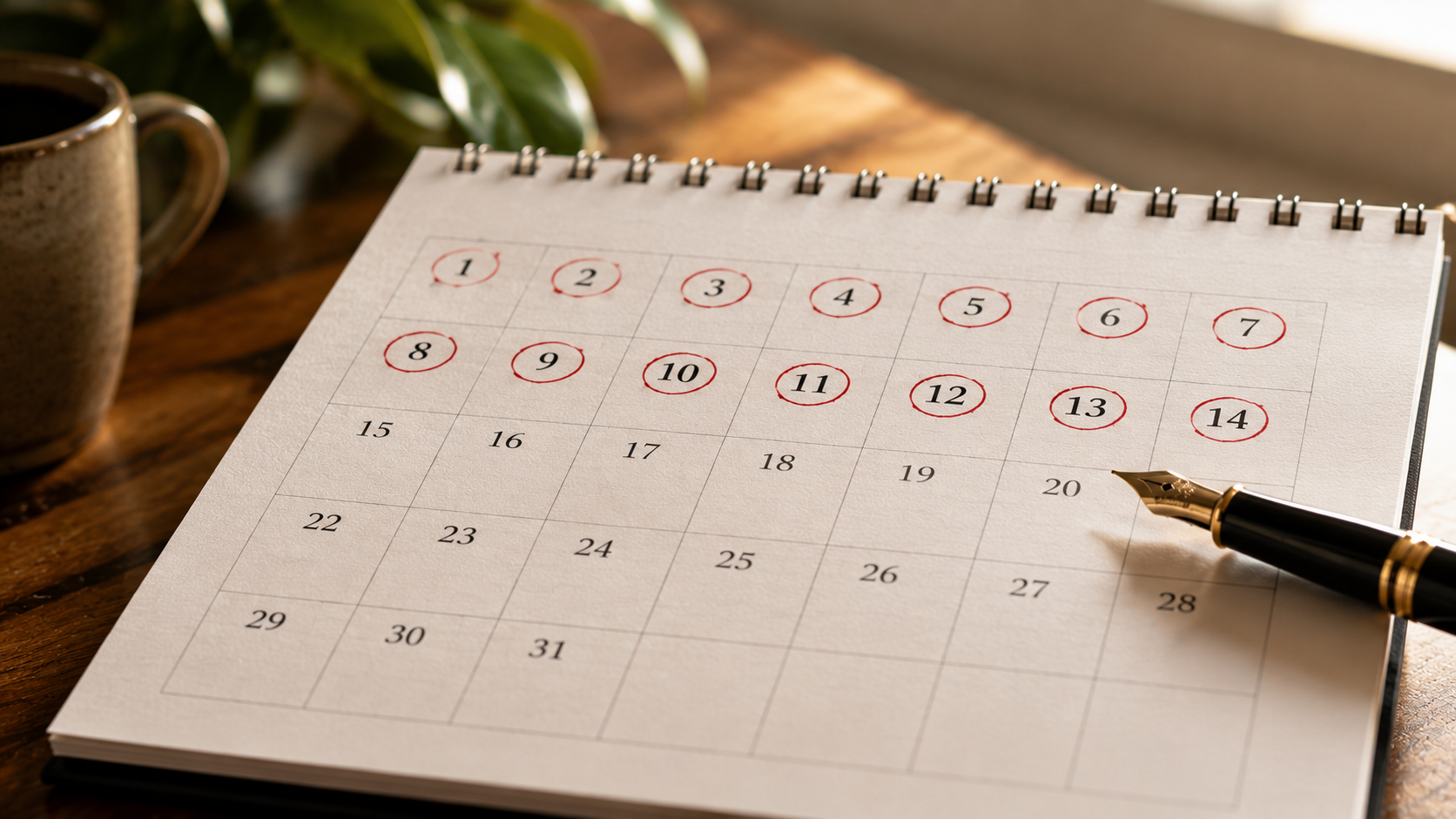 Paper desk calendar with days 1 through 14 circled in red ink and a fountain pen resting on it