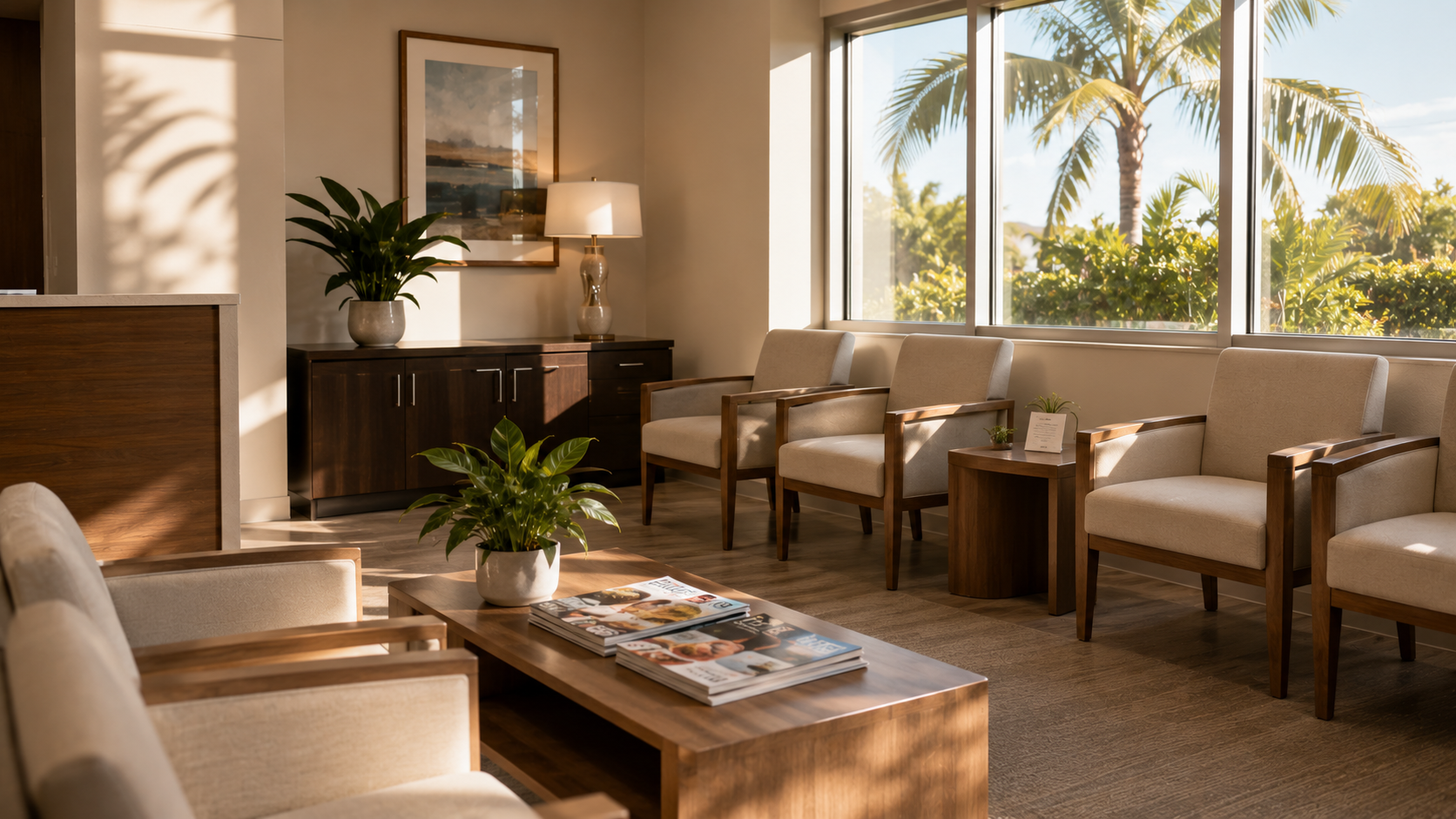 Empty modern South Florida medical waiting room with upholstered chairs and a low magazine table