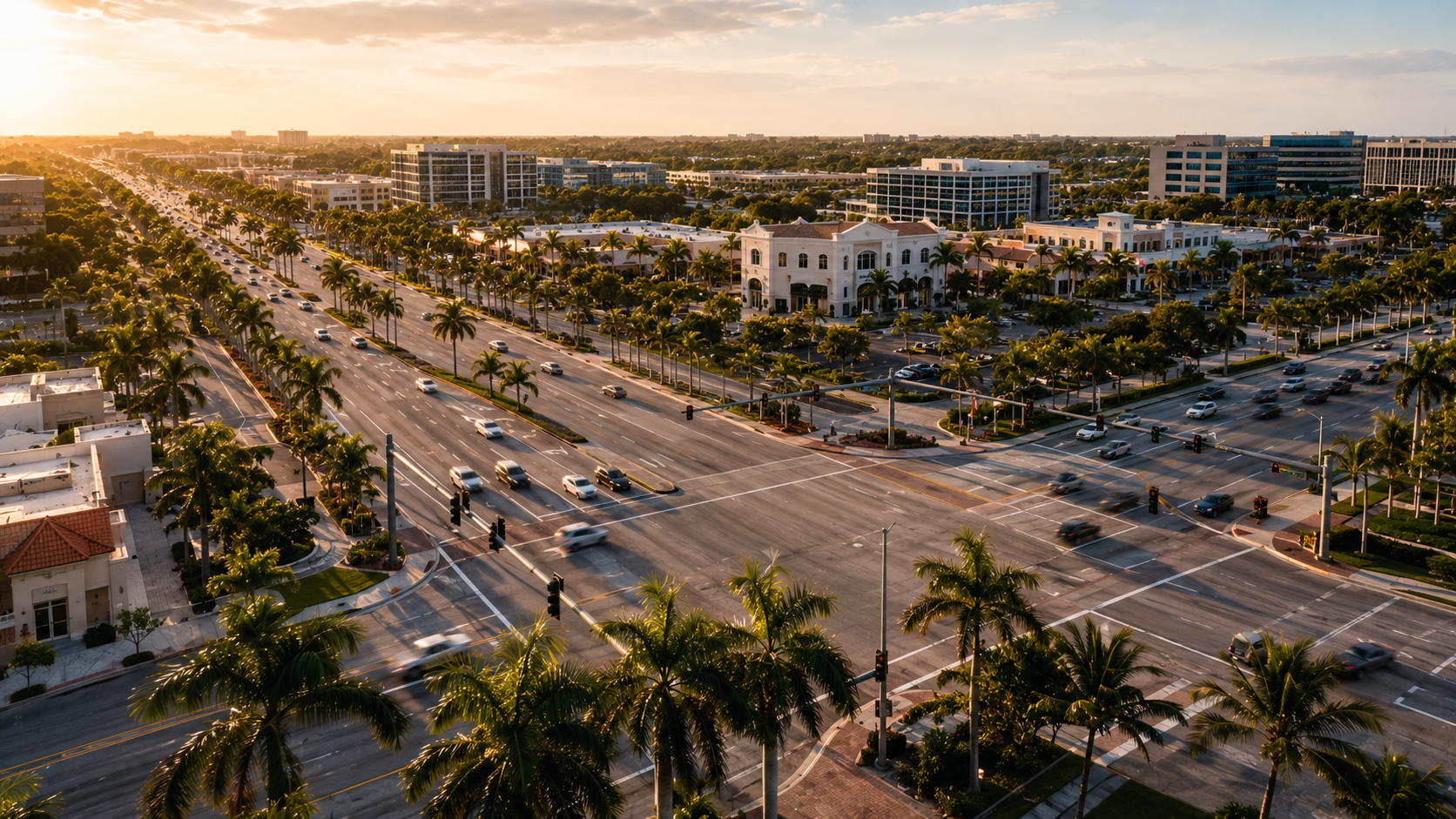 Aerial view of a wide multi-lane Boca Raton arterial intersection at golden hour