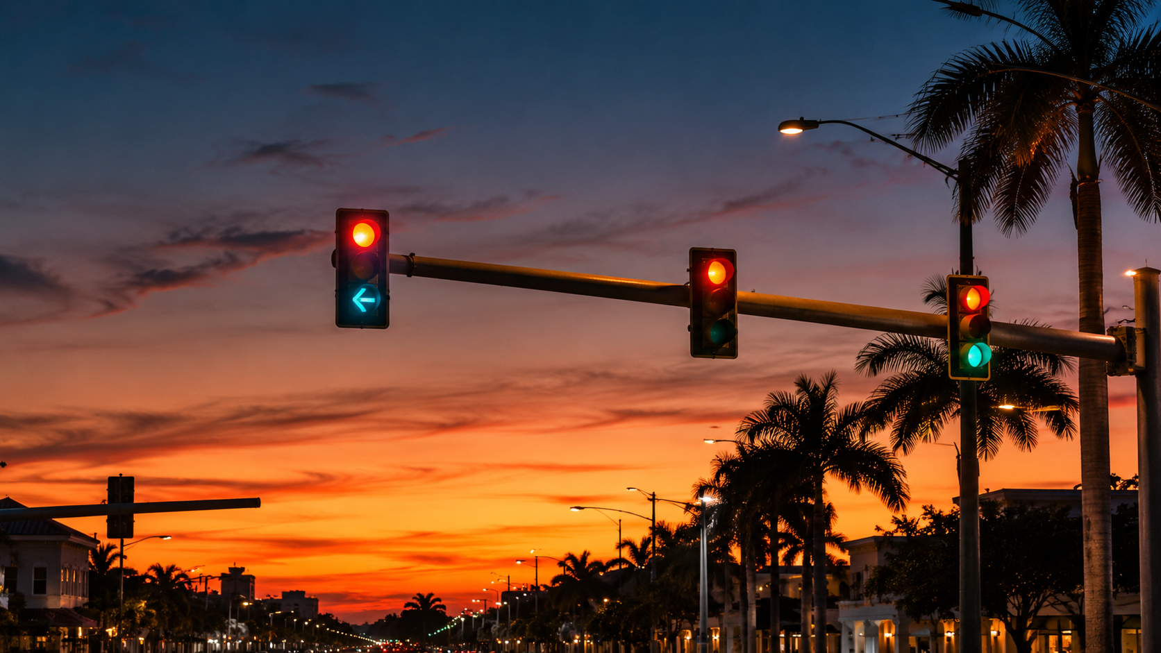 Overhead traffic signals at a South Florida intersection silhouetted against a dusk sky