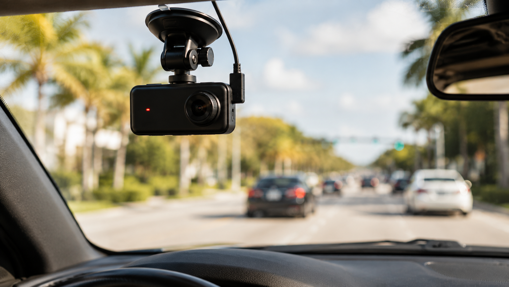 Modern dashcam mounted on a vehicle windshield with the South Florida road ahead in soft focus