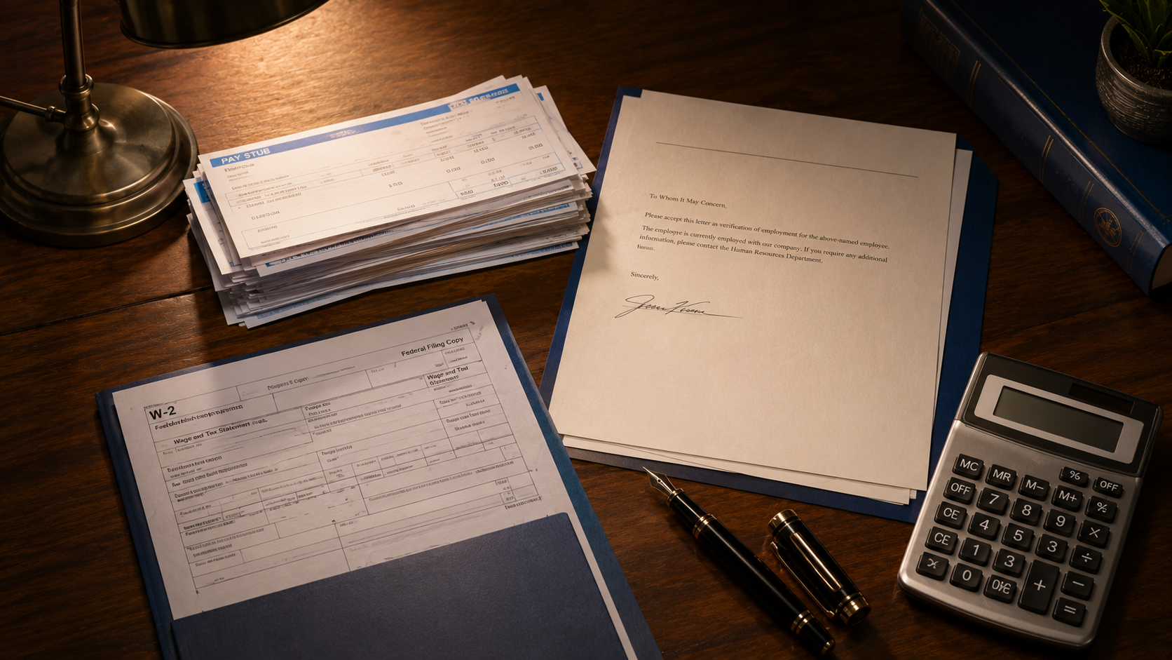 Professional desk with pay stubs, W-2 form, employer letter, calculator, and fountain pen for documenting lost wages