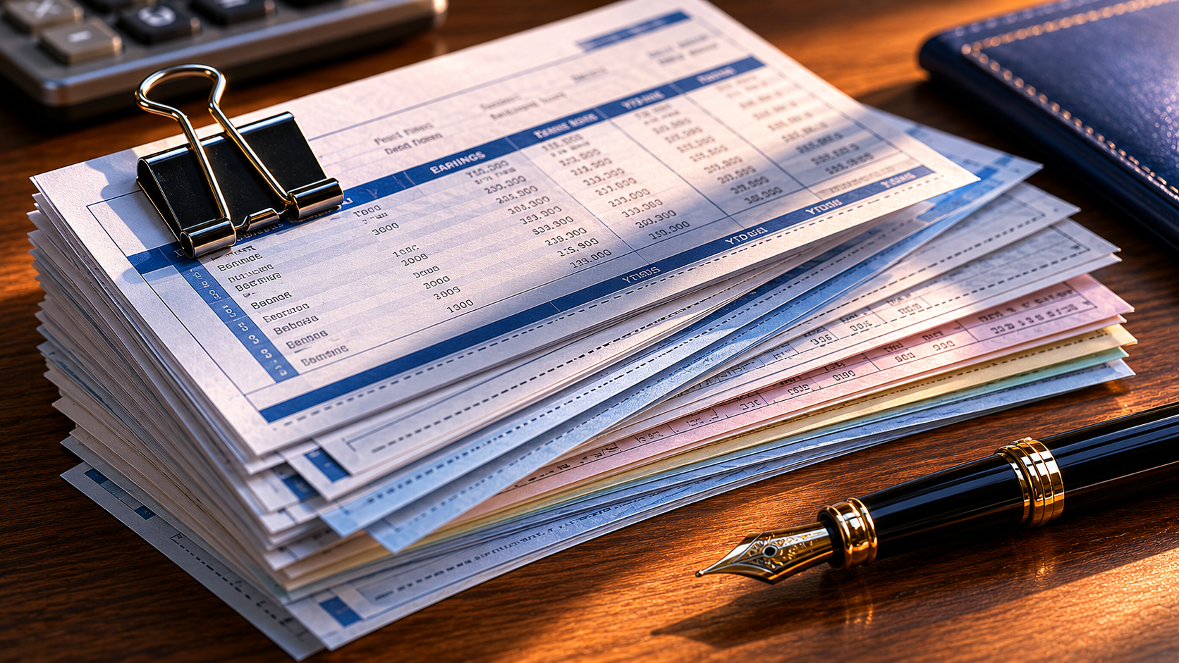 Macro of US pay stubs fanned chronologically on a wood desk with a binder clip and fountain pen