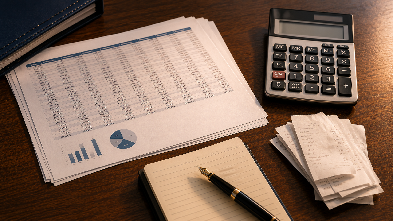 Financial documents including a printed spreadsheet, calculator, receipts, and notepad on a warm wood desk