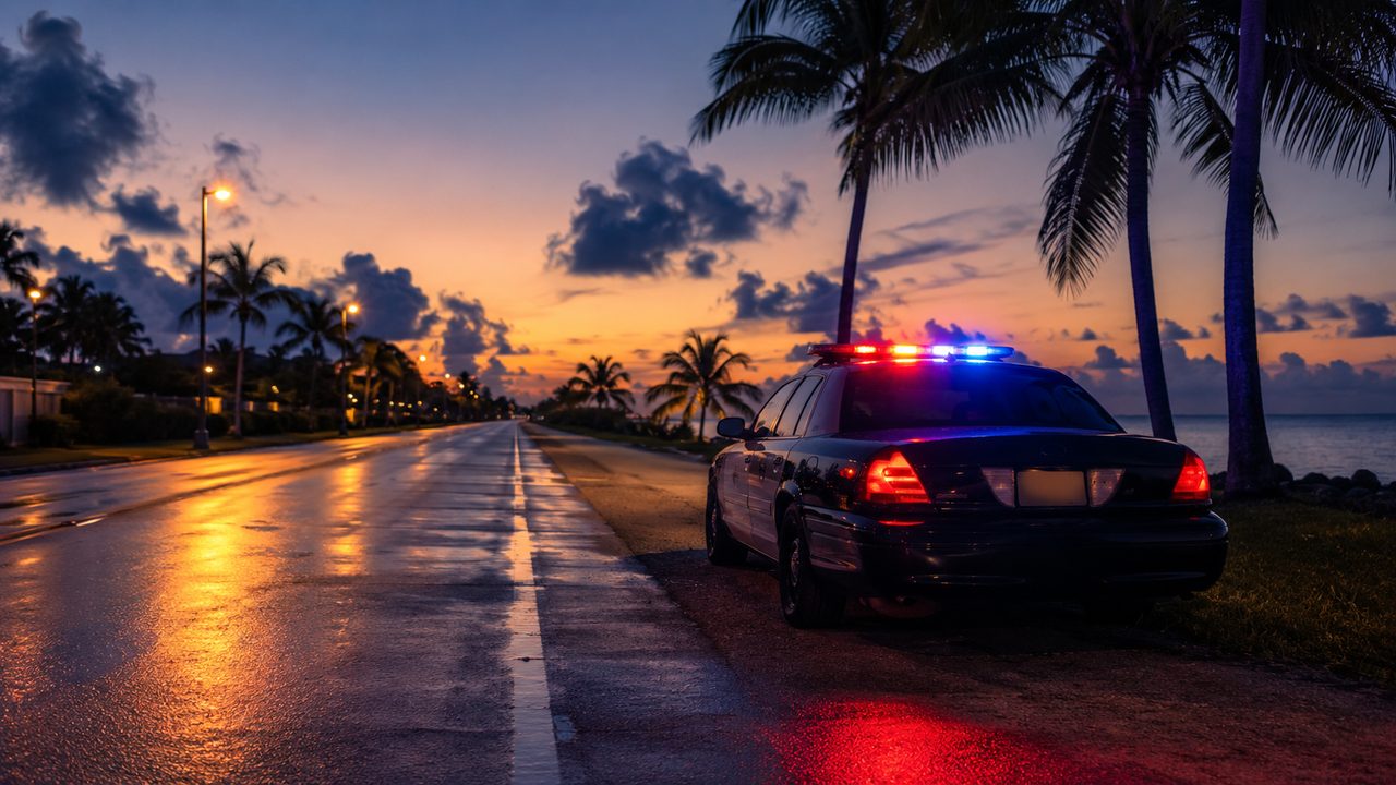 Police cruiser with emergency lights on a South Florida coastal road at dusk