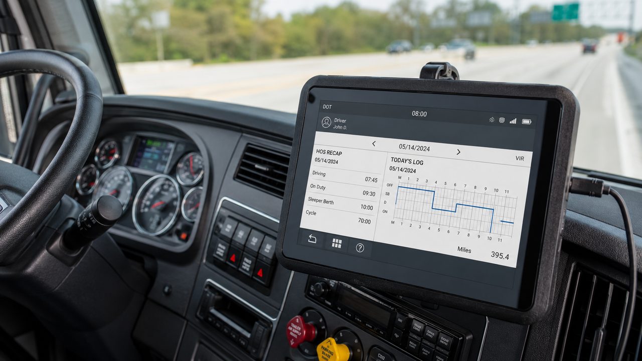Electronic logging device in a commercial truck cab showing hours-of-service data