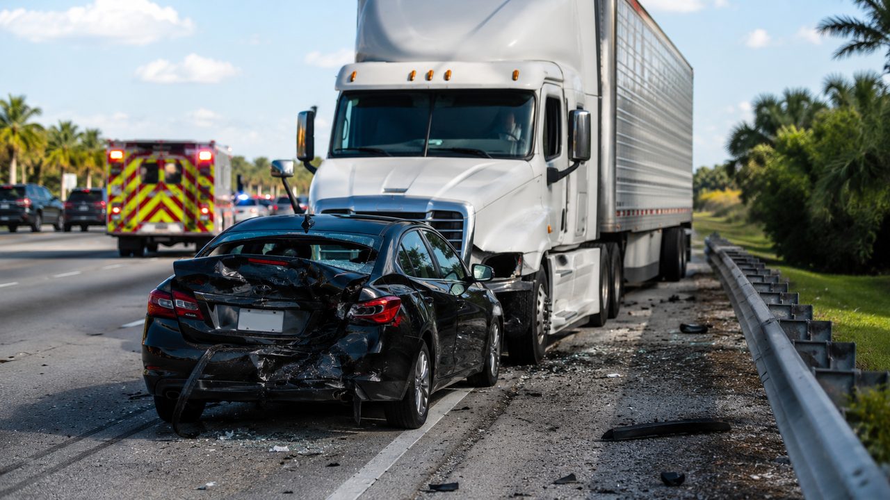 Aftermath of an I-95 truck and passenger car collision with emergency responders