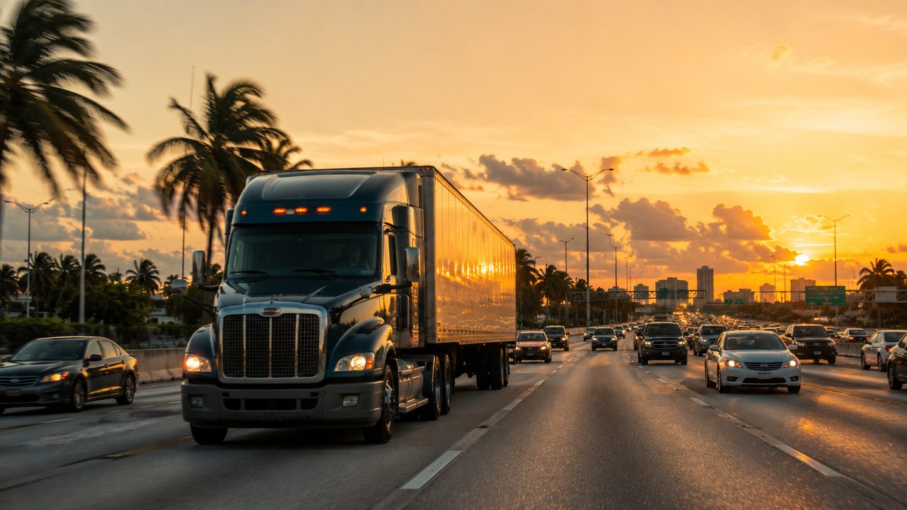 Tractor-trailer on a busy South Florida I-95 highway at golden hour
