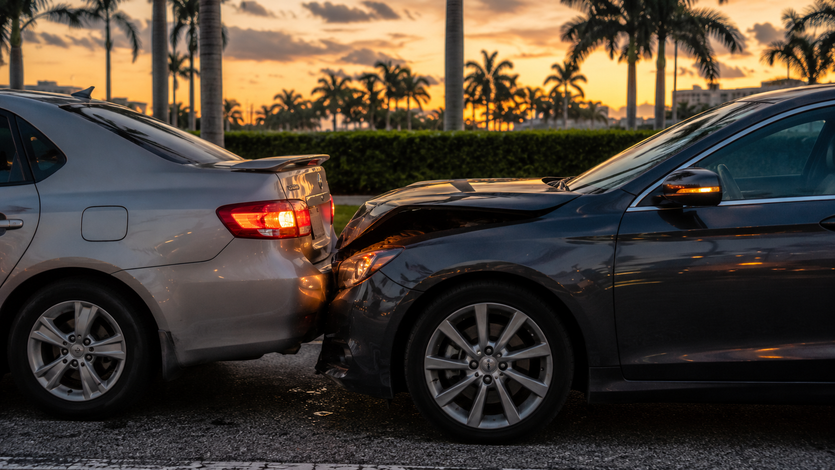 Rear-end collision between two cars on a South Florida road at dusk