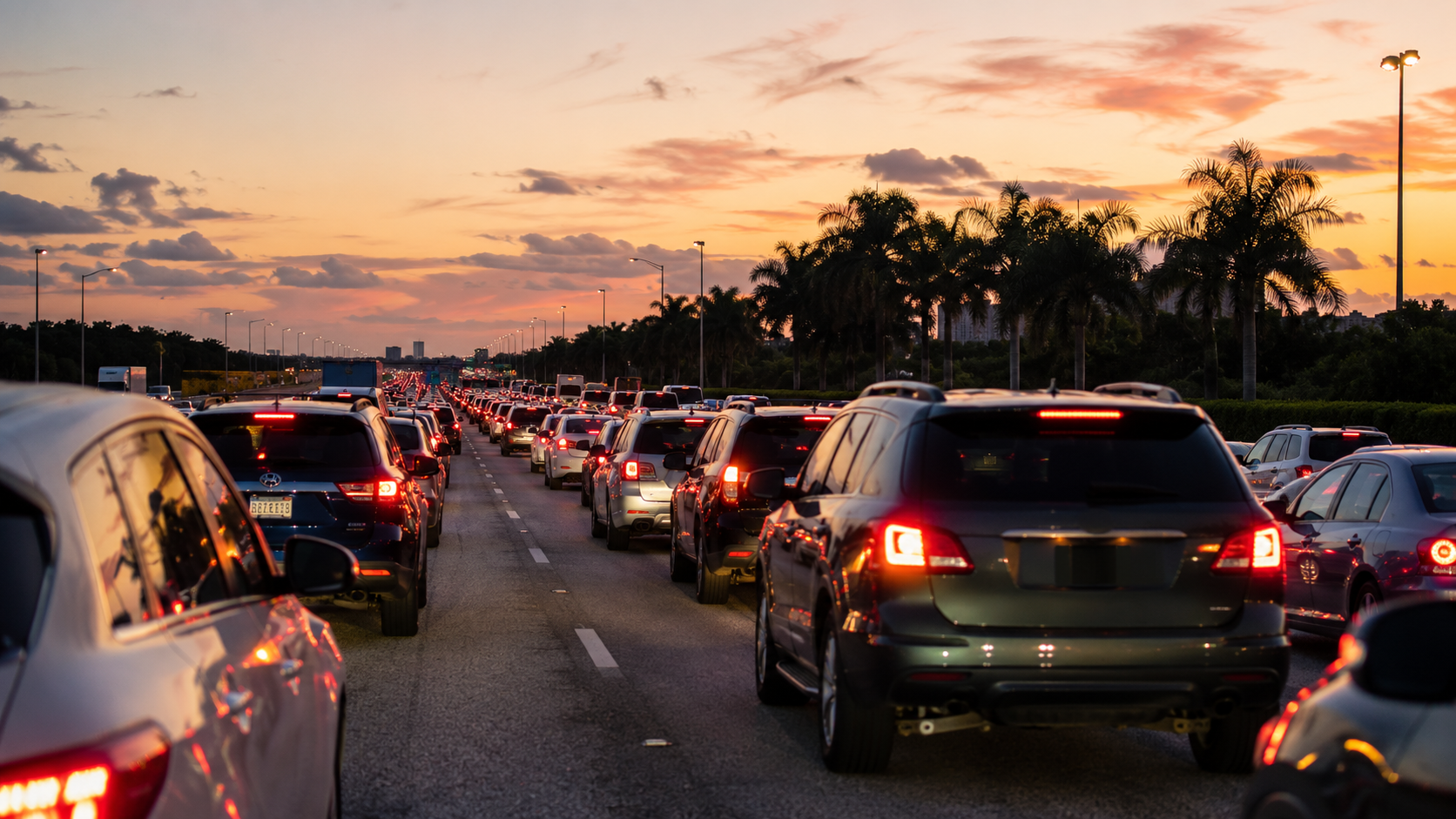 Bumper-to-bumper holiday traffic on a South Florida highway at dusk