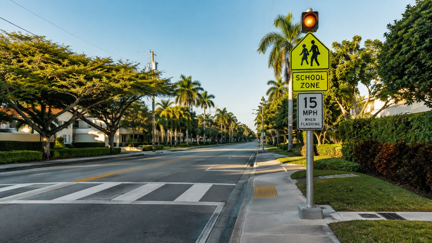 Florida school zone crosswalk with a 15 mph speed sign on a Boca Raton street