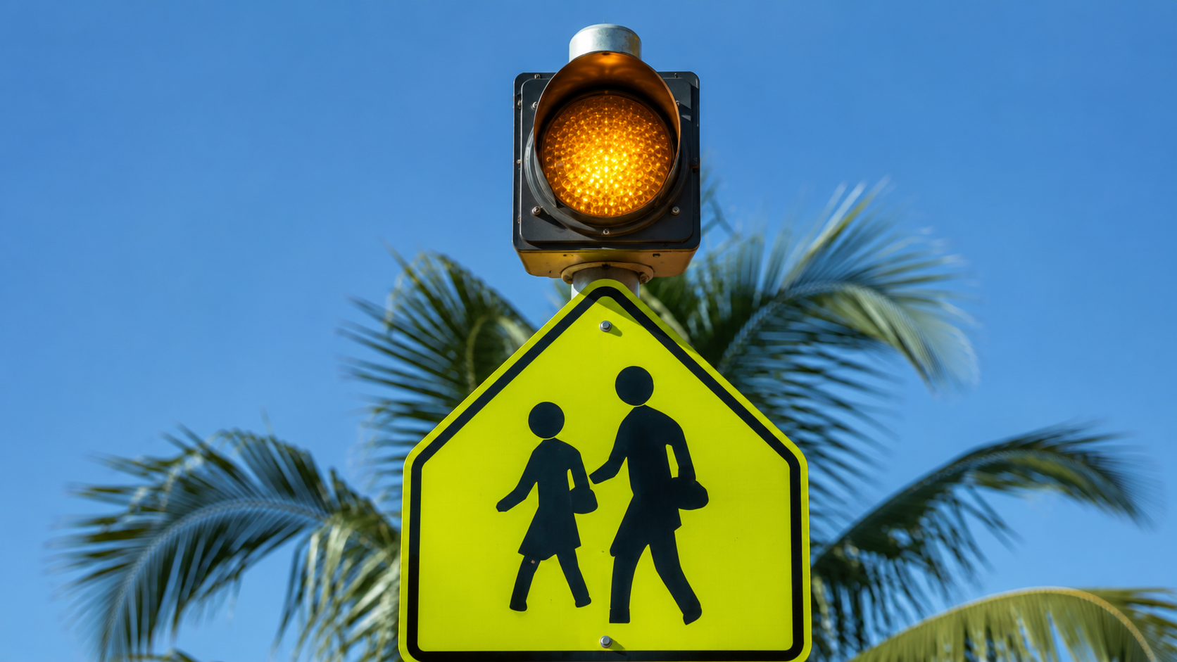 Flashing beacon atop a Florida school zone pedestrian crossing sign