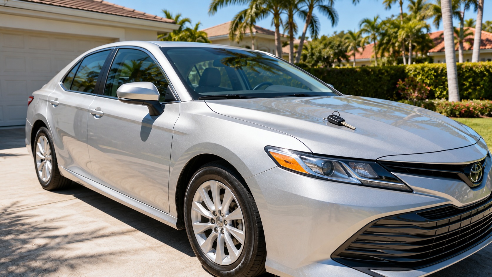 Silver sedan parked in a South Florida driveway, permissive use example