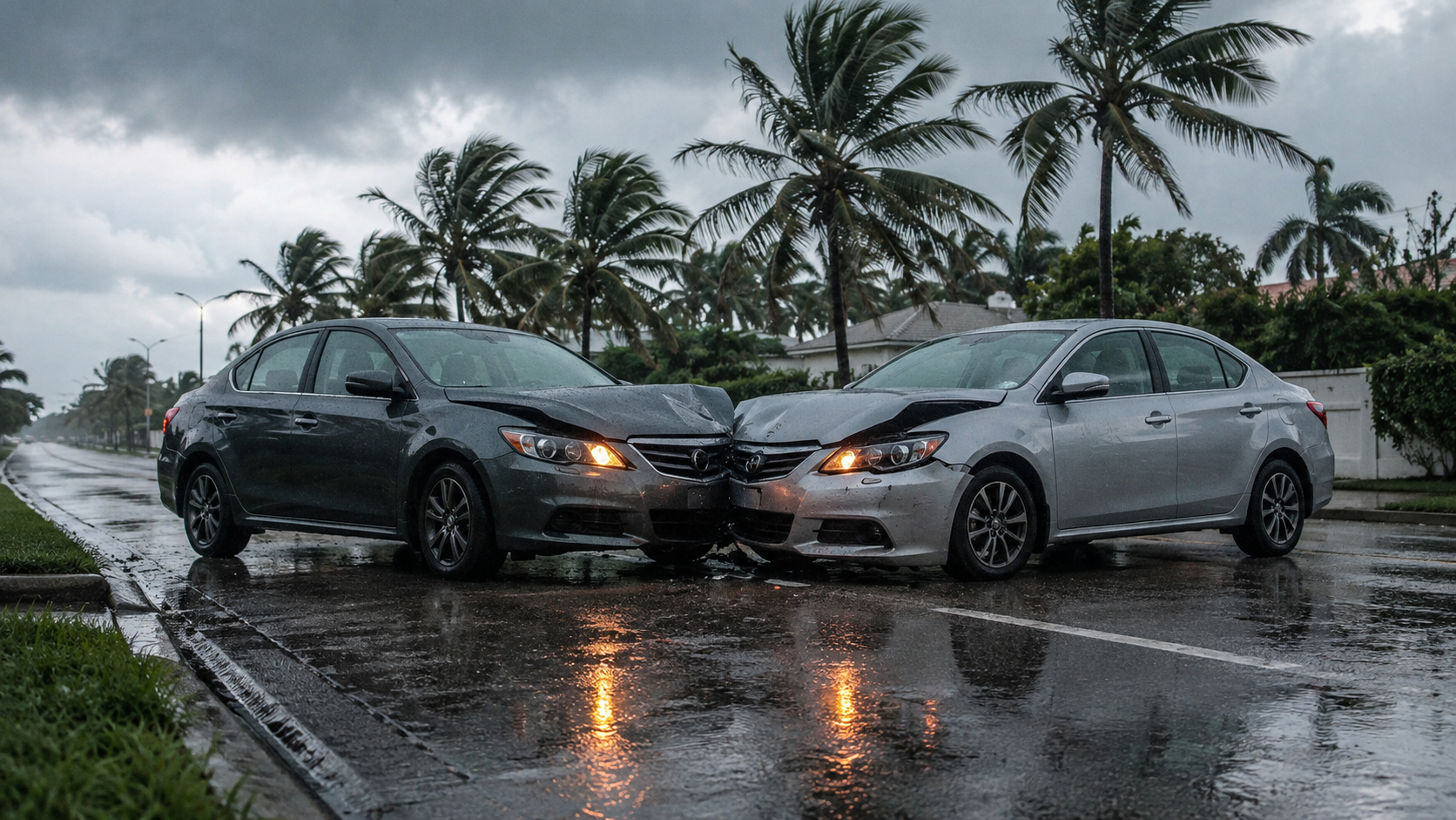 Two cars in a weather-related collision on a wet, stormy South Florida street