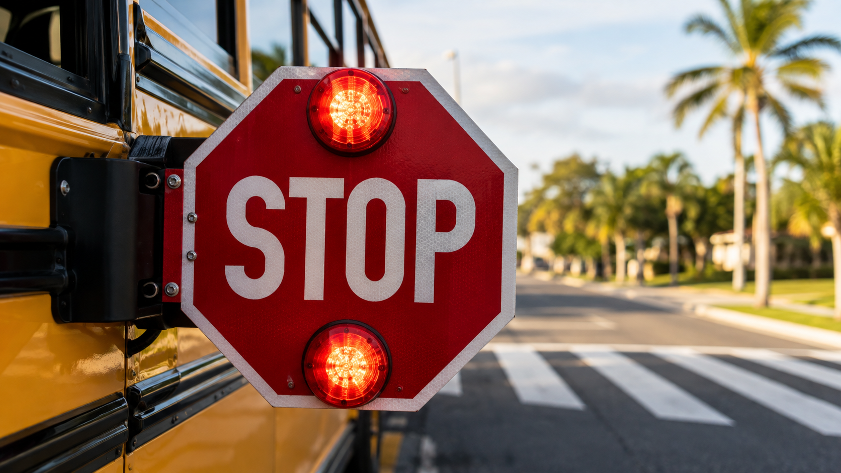 Extended school bus STOP sign arm with flashing lights, central to Florida school bus accident liability