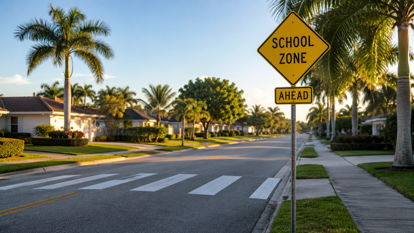 Quiet Florida school-zone street and crosswalk where a school bus accident can happen