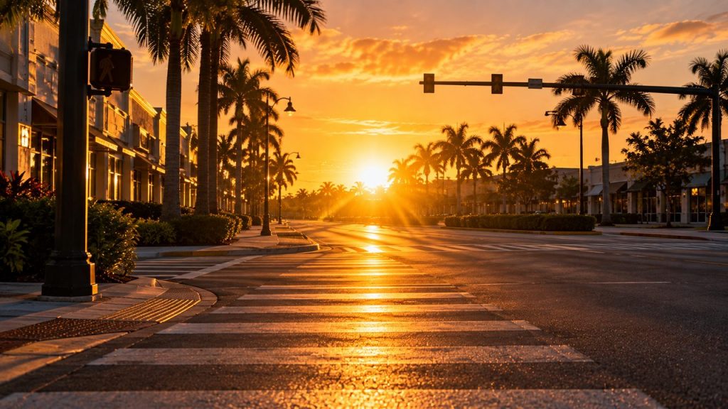 South Florida crosswalk and traffic signal washed out by sunset glare, a hazard for pedestrians and drivers