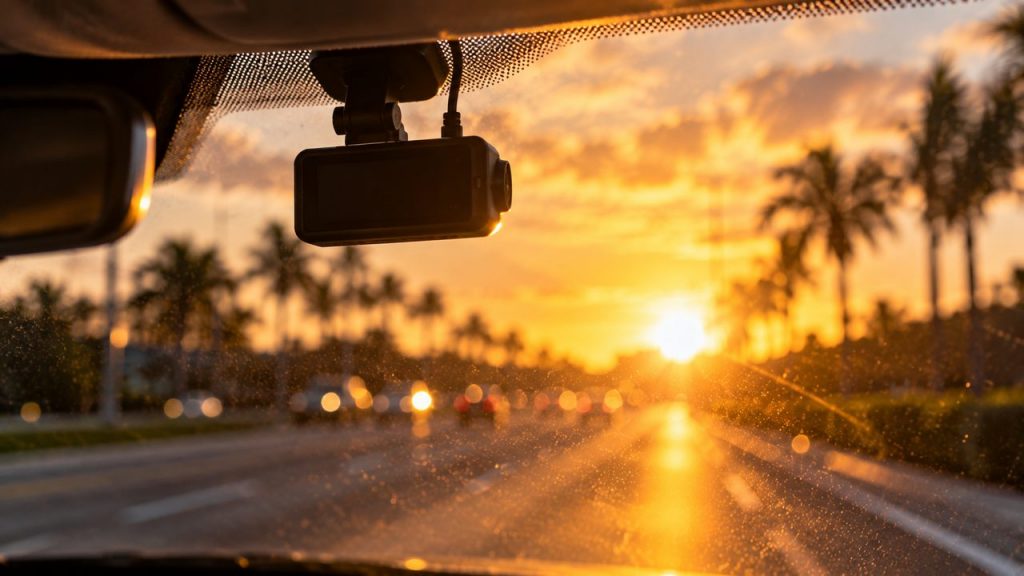 Dashcam on a windshield facing the setting sun, evidence that can help prove fault in a Florida sun glare crash