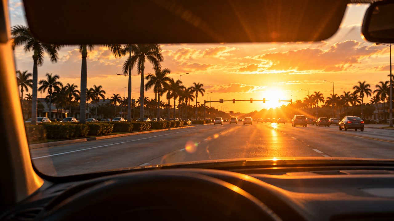 Low sunset glare through a windshield on a palm-lined South Florida boulevard, a common sun glare car accident setting